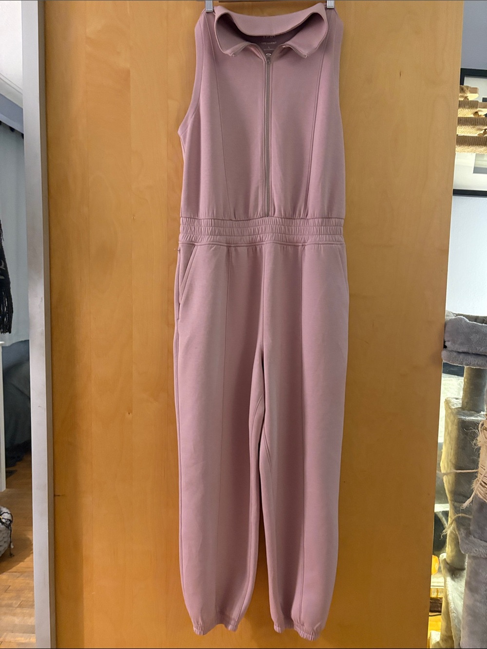 Sleeveless Dusty Pink Zip-Front Jumpsuit with a wElastic Waist